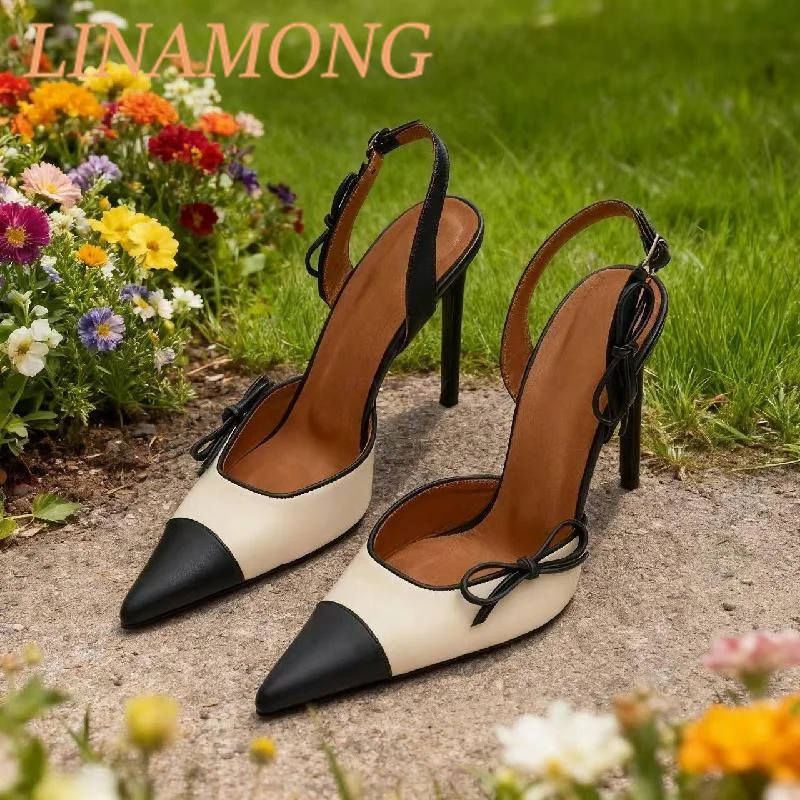 

Pointed Bow Single Shoes Fashionable Temperament Black and White Color Blocking Design Ankle Buckle Back Empty Slim High Heels
