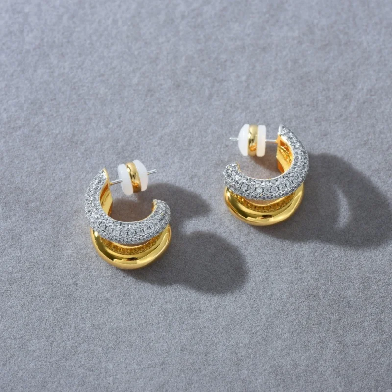 Unique Two-color Splicing Inlaid Zircon Earrings for Women's Fashion Double Circle Exquisite Vintage Hhigh-end All-match Earring