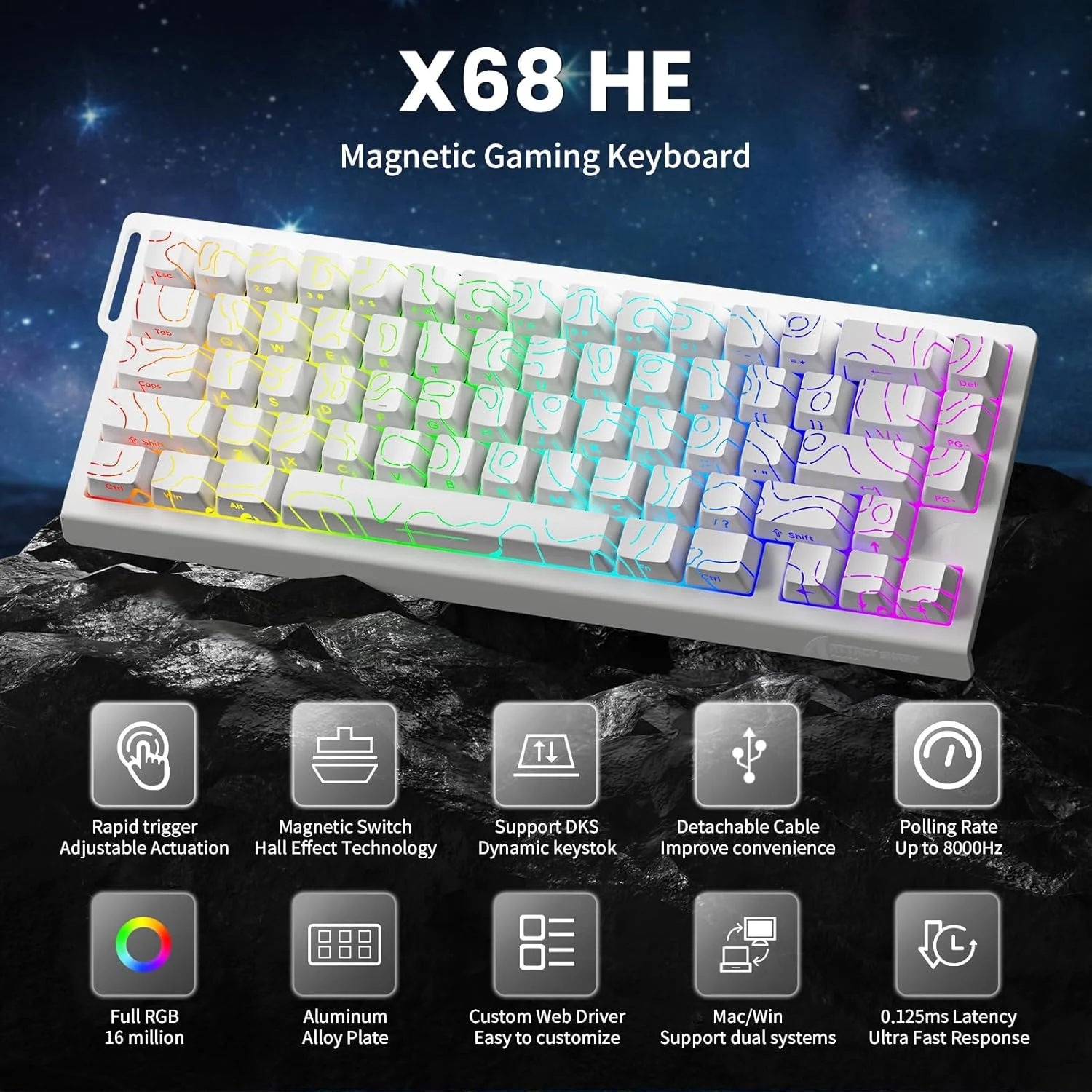 

ATTACK SHARK X68 HE Клавиатура с быстрым триггером Магнитный переключатель 60% Проводная клавиатура с возможностью горячей замены 8 кГц с RGB-подсветкой PBT Double-sh