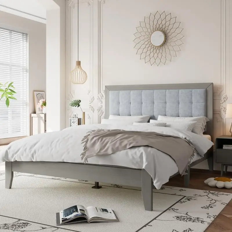 Queen Bed with Solid Wood Platform and Upholstered Headboard
