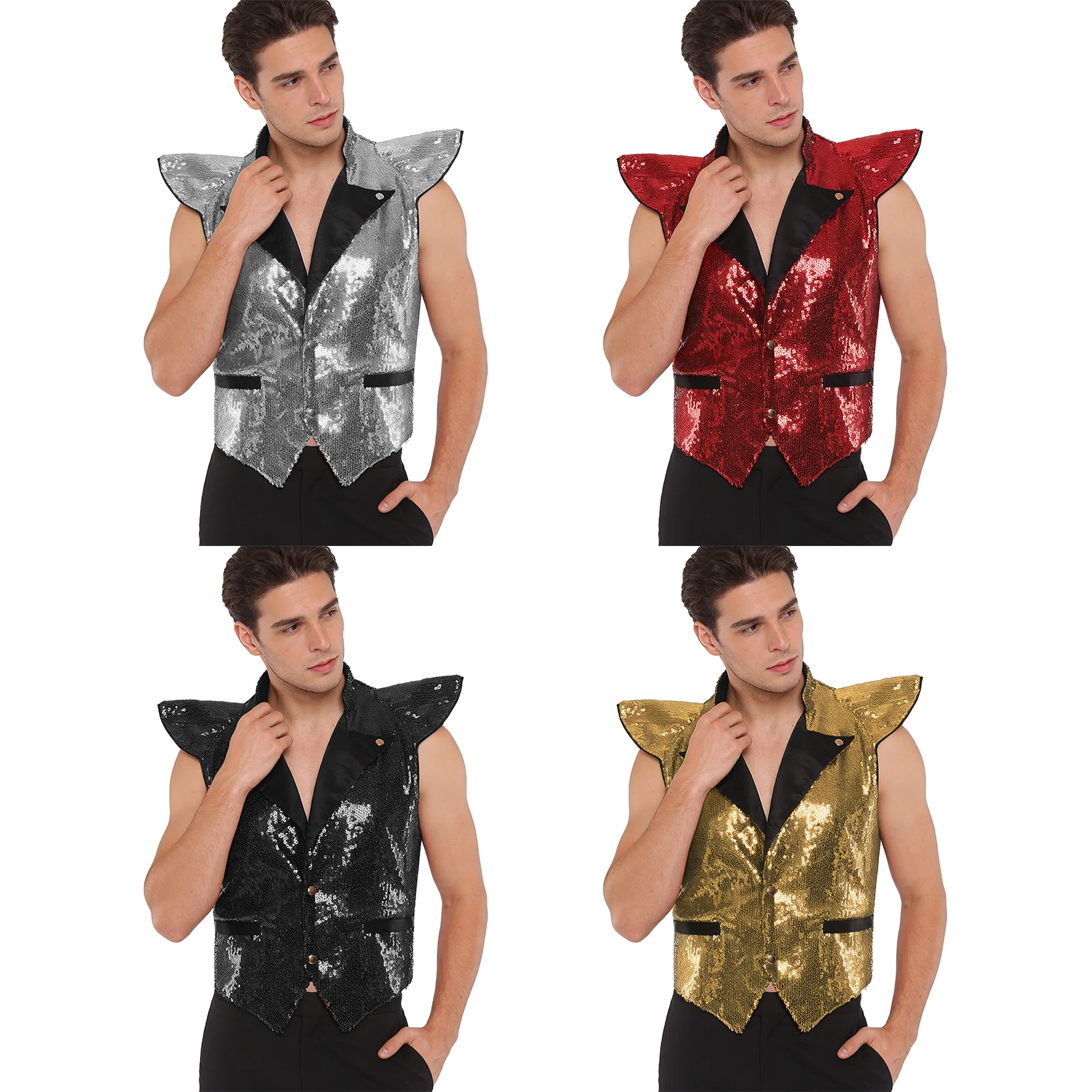 Męska brokatowa kamizelka do tańca jazzowego, cała w cekinach, z falbankowymi rękawami, klapami, dekoltem w serek, bez rękawów, w pełni podszyta, top na scenę lub do klubu.