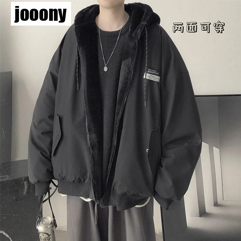 Korean Style Warm Fashion Solid Wear Both Jacket Streetwear Double-sided Winter Coat Men's Thickened Lamb Wool Zip Up Hoodie