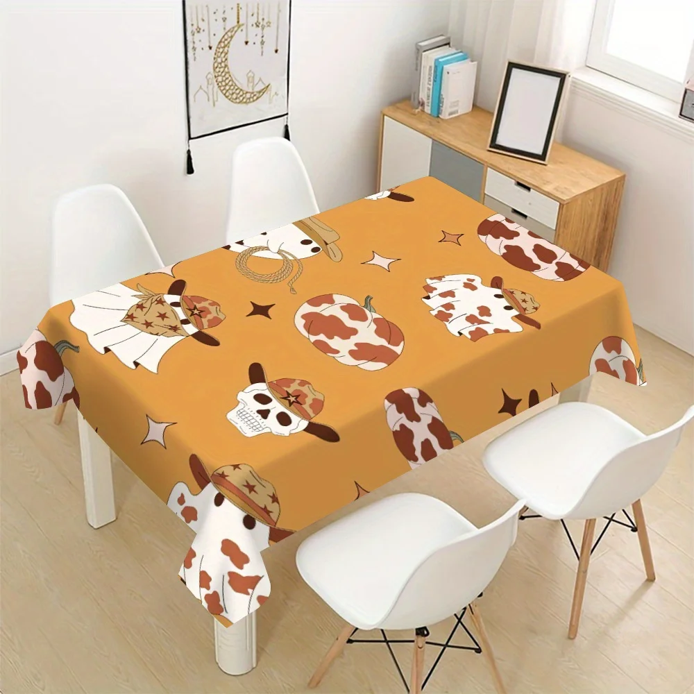 Happy Halloween, rectangular tablecloth with scary cow and pumpkin designs, suitable for spring and summer parties, weddings
