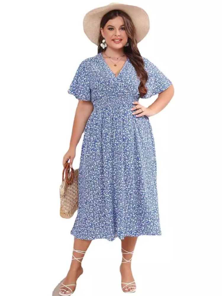 Plus Size Summer Midi Dress Women Floral Print Fashion Elegant Ruffle Pleated Ladies Dresses Loose V-Neck Woman Dress