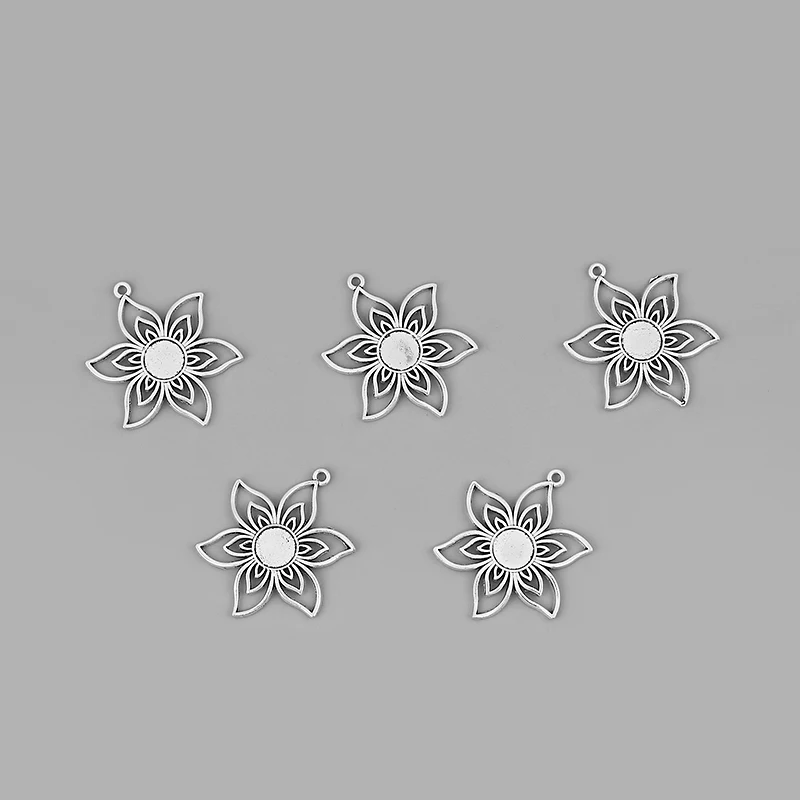 10PCS Tibetan Silver Hollow Sun Flowers Charms Pendants 10mm Round Bezel Tray Cameo Cabochon Setting for DIY Necklace Jewelry