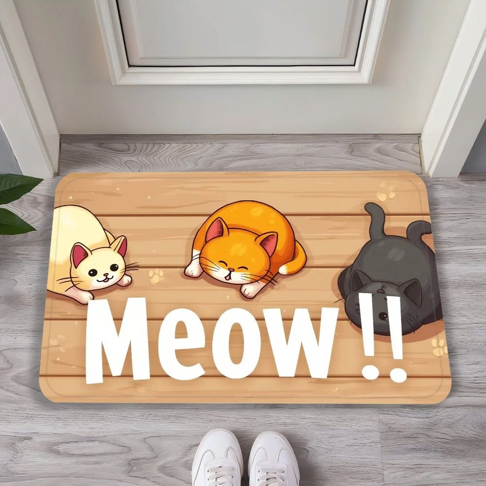 VIKAMA Cats & Typographic Flannel Door Mat, Non-Slip Washable, Decor for Entryway Front Door Living Room Kitchen Bedroom