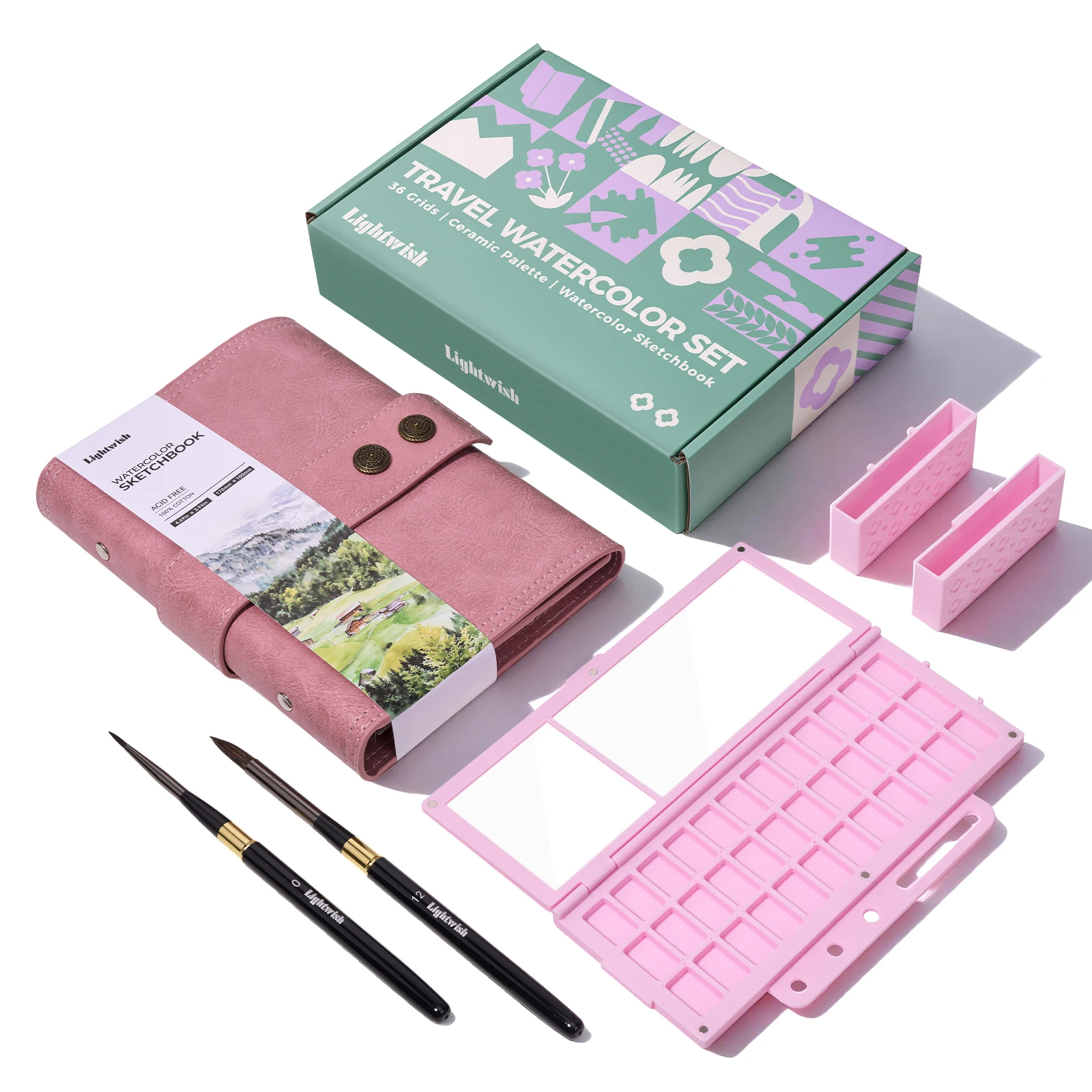 LIGHTWISH Watercolor Sketchbook Set, 100% Cotton Cold Press 6.7x3.9 Artist Journal with 36-Well Ceramic Palette & 2 Brushes for
