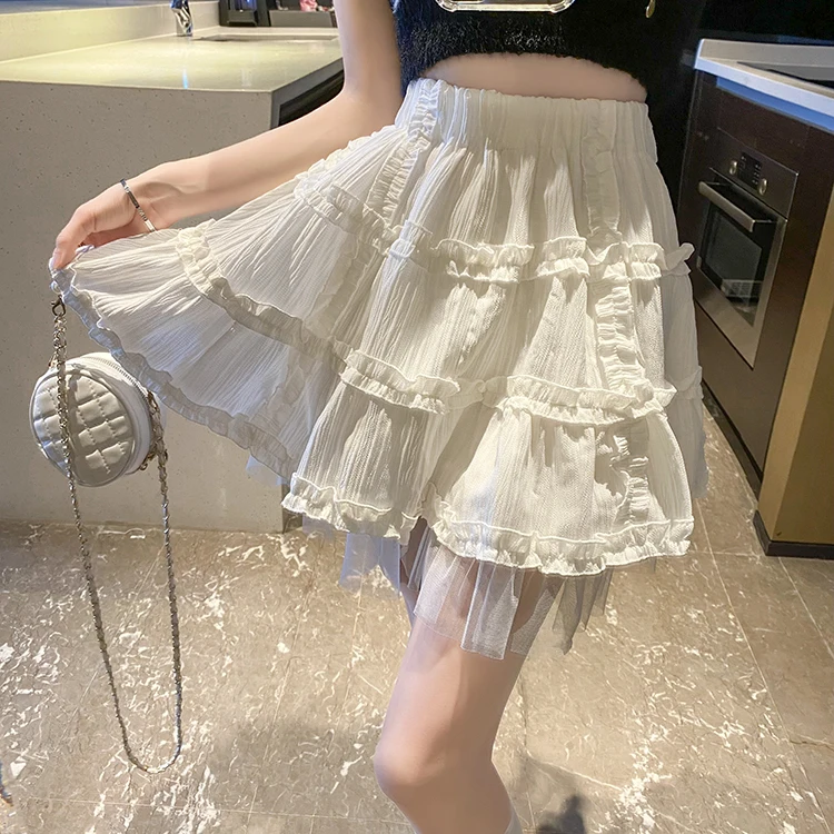 

Lolita Style 3D Ruffles Folds Mini Skirt Girl Blending High Waist A Line Lace Mesh Skirt Cake Sweet Hot Short Skirt Female