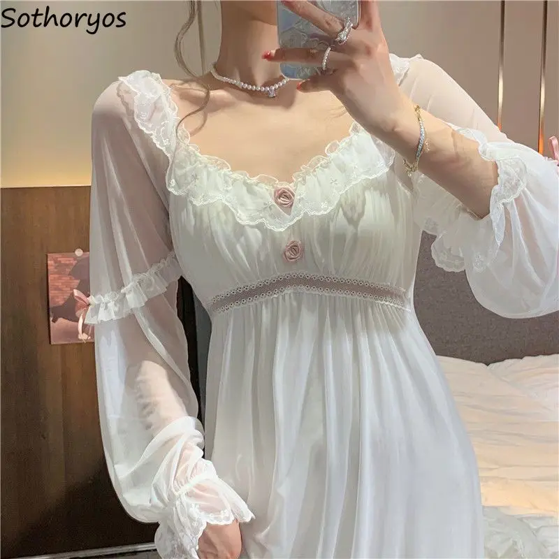 Sleepshirts Women Long Sleeve Lace Spliced Sweet Girls V-neck Fashion Streetwear Elegant Lady Chic Soft Homewear Midi Nightgowns