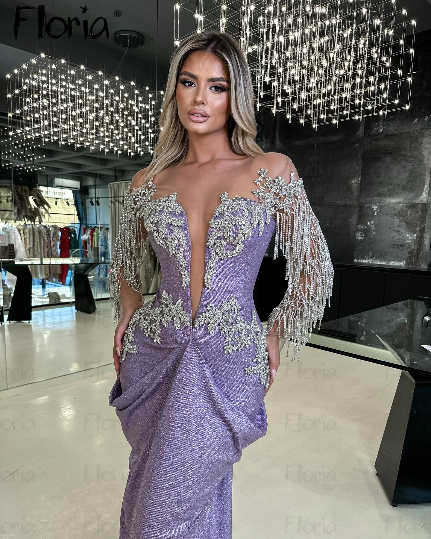 Plunging Neck Lilac Tassels Sleeves Prom Dresses Arabic Formal Birthday Party Gowns Women Wedding Formal Engagement Dress Custom