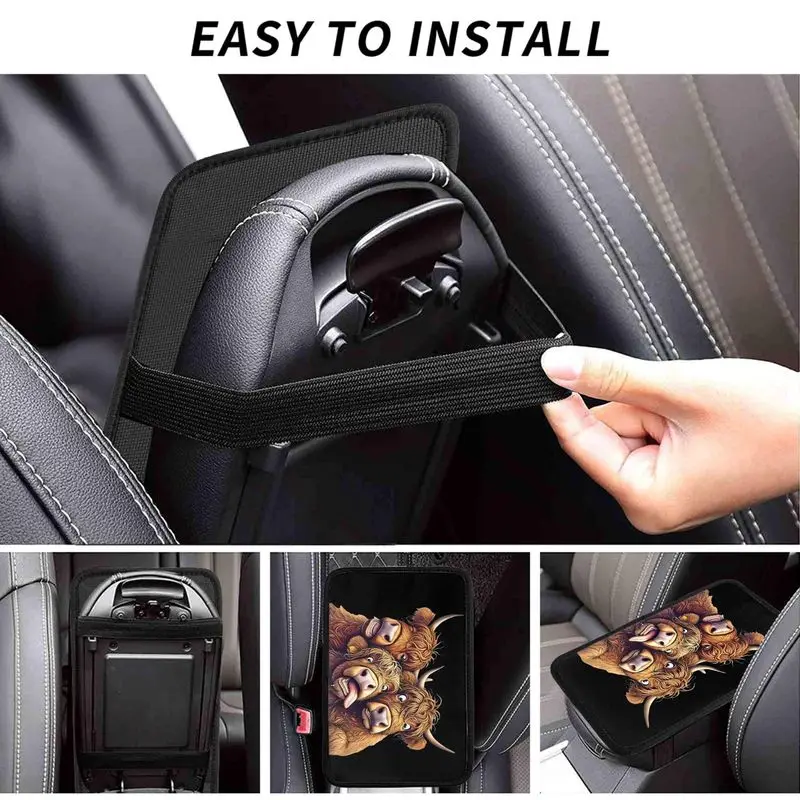 3pcs Highland Cattle Car Armrest Cover & Cup Coasters (1 Car Armrest Cover + 2 Cup Coasters), Durable, Easy Installation