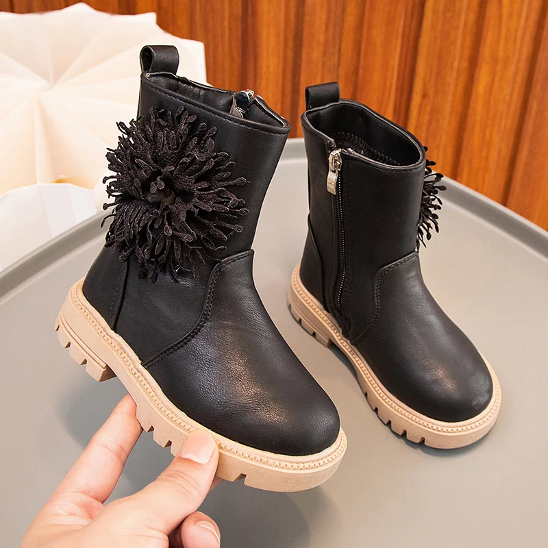 2023 New Girls Boots Flowers Cute Kids Versatile Side Zipper Non-slip Solid Color Drop Shipping Children Fashion Princess Shoes