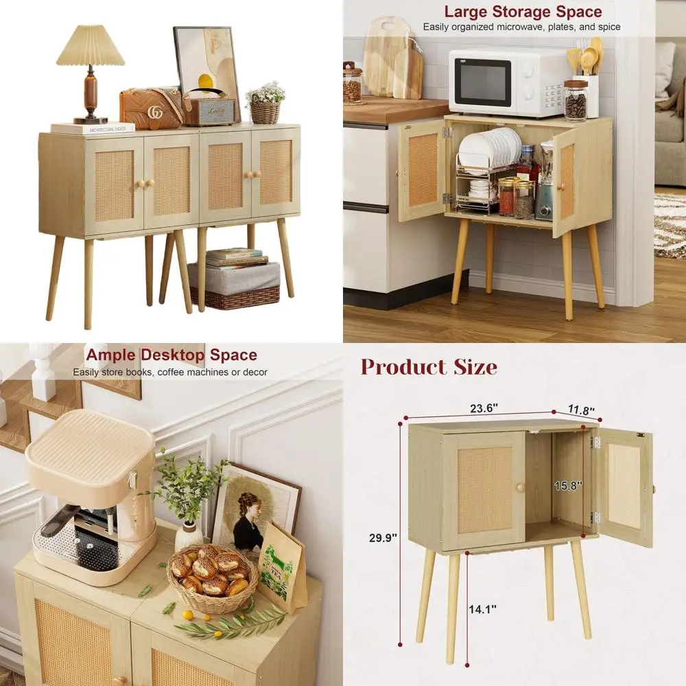 

Кухонный шкаф для хранения с дверцами из ротанга и высокими ножками из массива дерева, медиаконсоль в стиле бохо для прихожей и небольших помещений