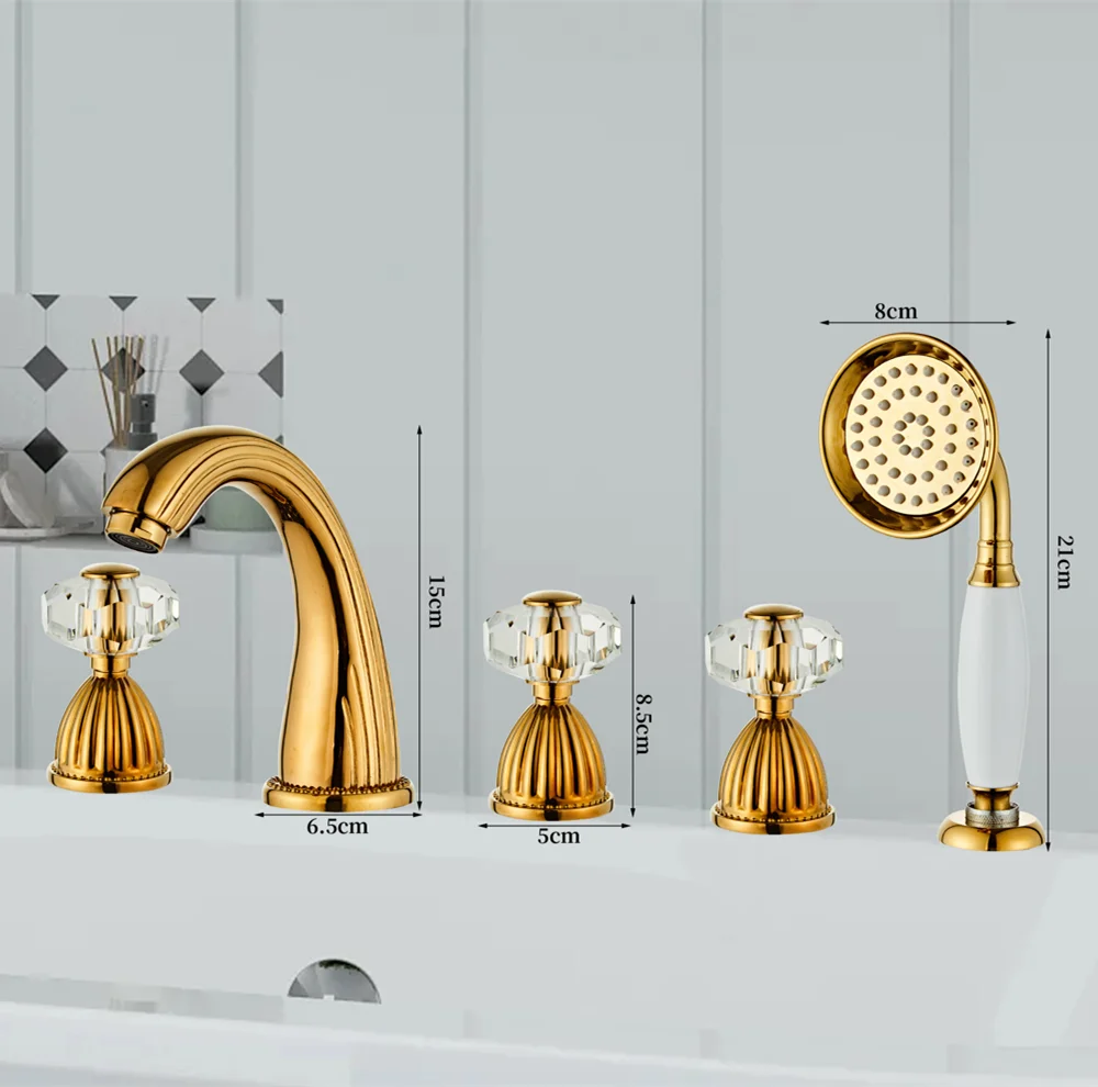 Imagem -06 - Tuqiu-gold Bathtub Faucet Grupo Banheira Generalizada Torneira Misturadora Pia Latão e Cristal Chuveiro de Banho no Banheiro Chuveiro de Mão