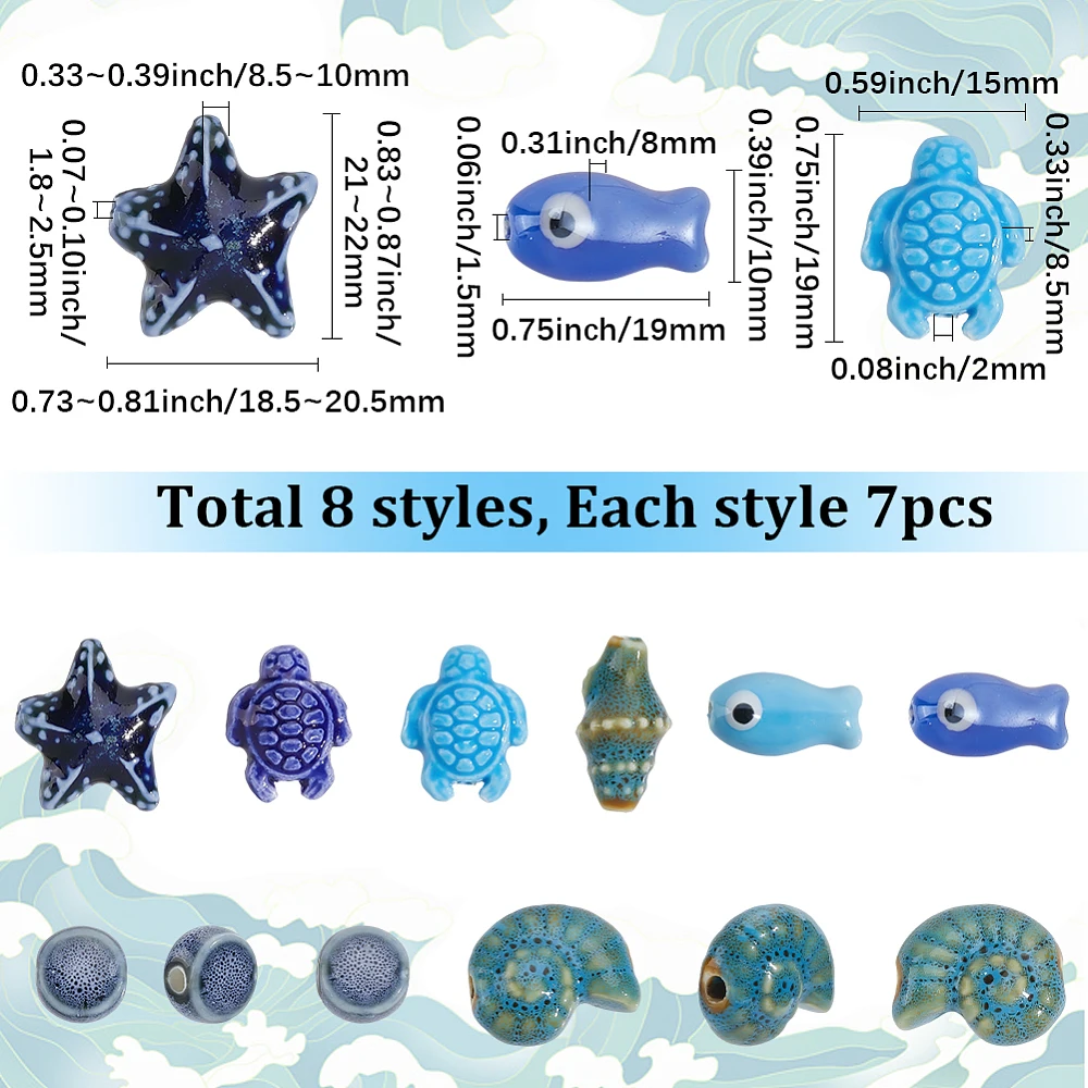 1 Box 56Pcs Porcelain Fish Beads Bulk Sea Turtle Bead Ocean Starfish Snail Tortoise Conch Flat Round Charms Loose Spacers
