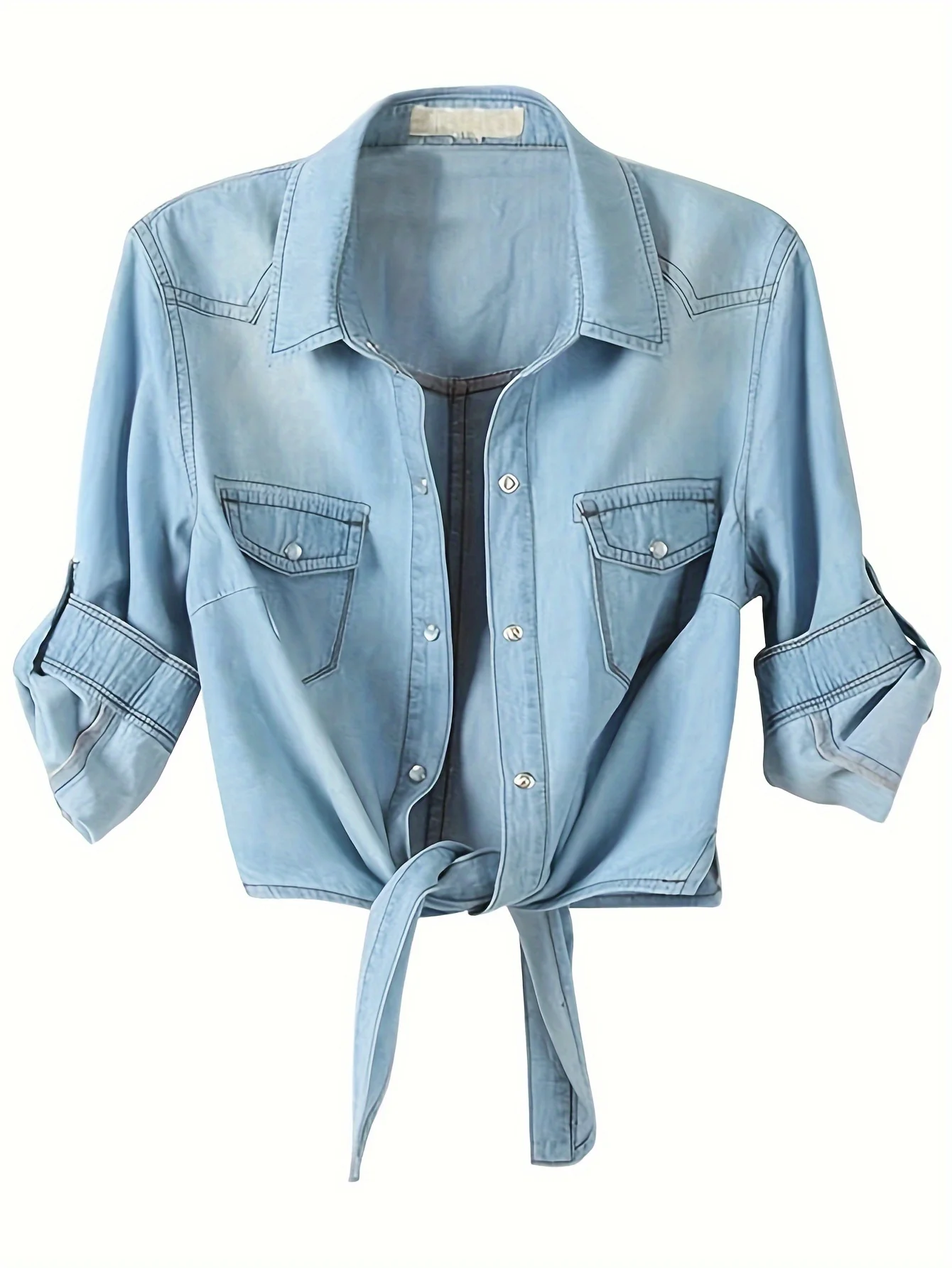 Women's Roll Up 3/4 Sleeve Tie Front Knot Shirt Chambray Denim Crop Top