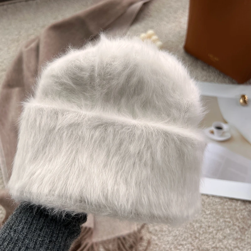 Angora Rabbit Fur Winter Hat for Women Knitted Fluffy  Beanie Ladies Fashion Warm Plush Skull  Thick Fleece Hats wholesale