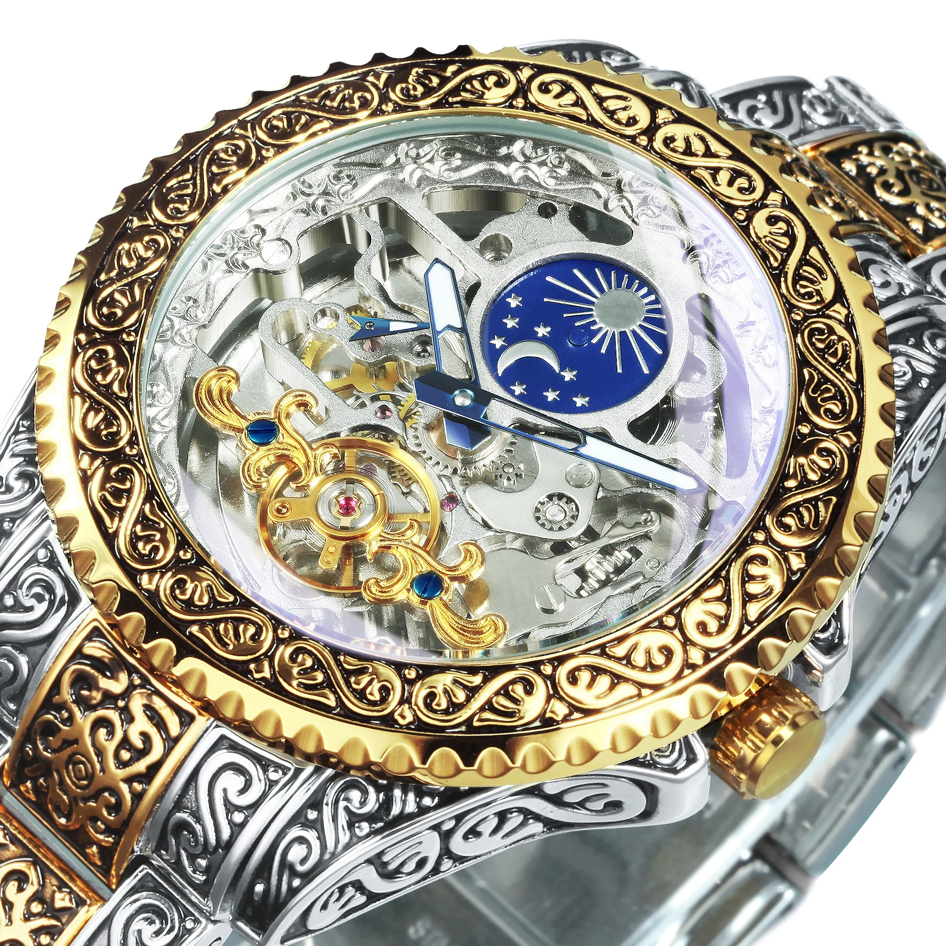 

Мужские часы WINNER Luxury Tourbillon Skeleton, автоматические механические, с люминесцентными стрелками, винтажные, с гравировкой, стальной браслет