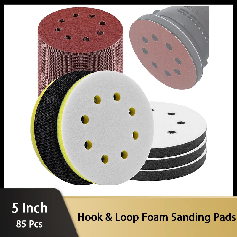 

85 Pcs Hook & Loop Foam Sanding Pads Interface Pads with 5 Inch 8 Holes Cushion Sander Backing Pad Sandpaper for Flexibility