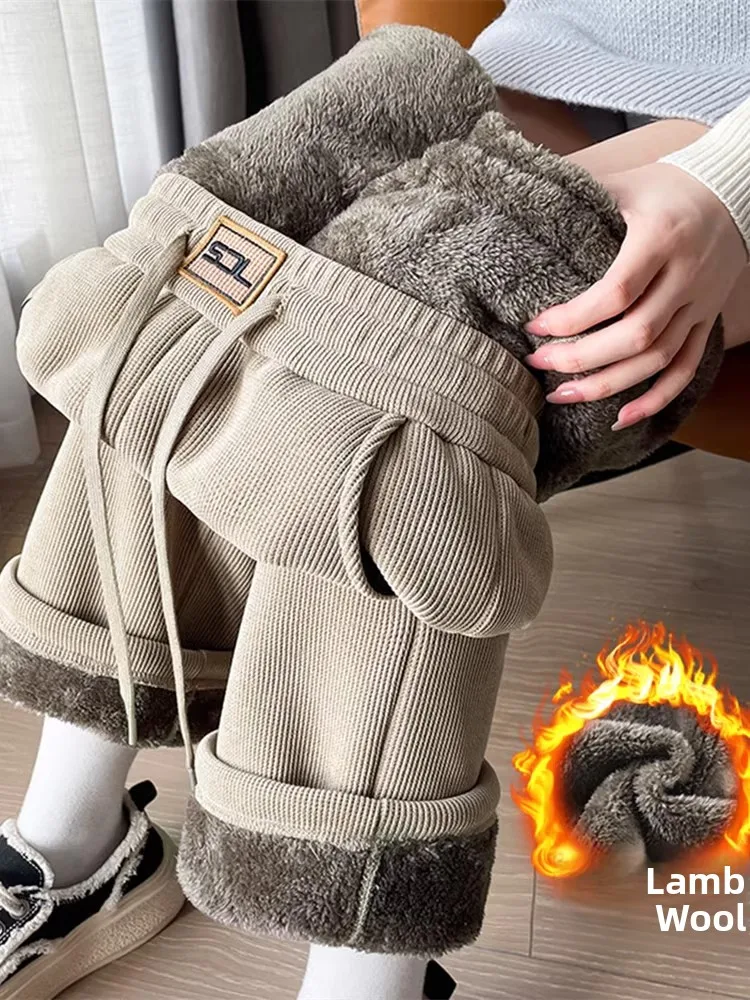 

Thiened Fce Вельветовые облегающие широкие брюки Женские осенне-зимние повседневные брюки прямого кроя Прямые брюки с высокой талией