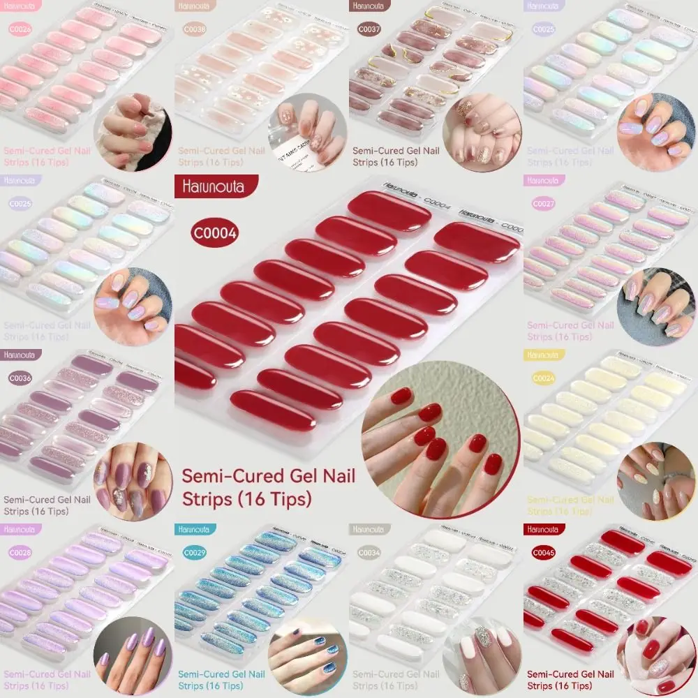 16스트립 젤 네일 스티커 그라데이션 오로라 반짝이는 네일 아트 스티커 풀 커버 세미 큐어드 네일 패치