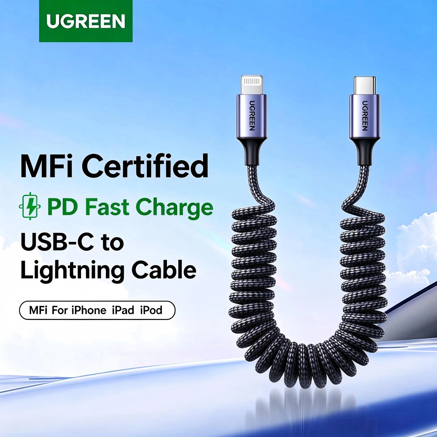 UGREEN MFI – samochodowy kabel USB typu C z mechanizmem zwijania, kompatybilny z portem Lightning, przeznaczony do ładowania i przesyłania danych dla urządzeń Apple iPad i iPhone 14, 13, 12, 11, obsługujący szybkie ładowanie PD.
