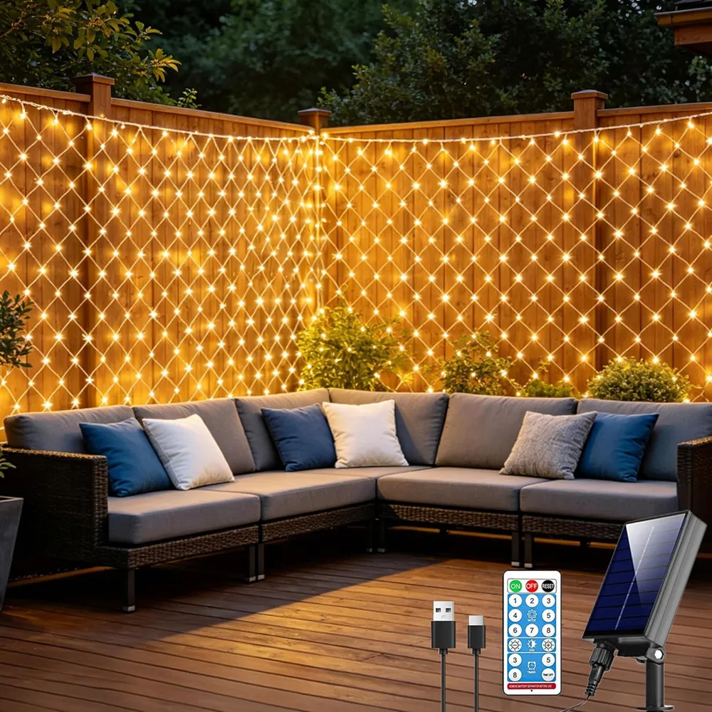 Luzes de Rede Solares para Jardim 3x2M, Luzes de Natal para Exterior com 8 Modos para Decoração de Pátio, Cerca, Festa, Jardim, Quintal, Casa e Árvore de Natal
