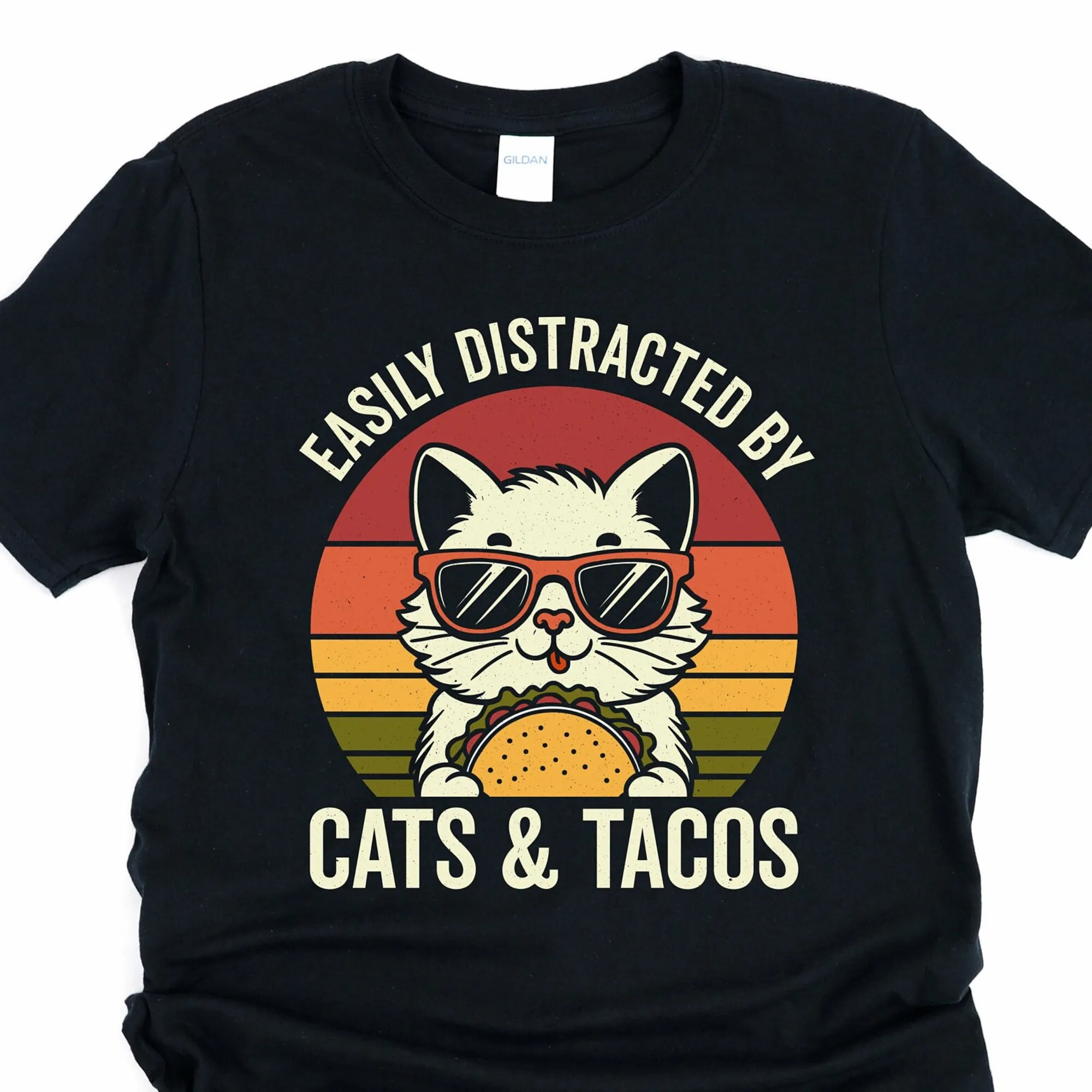 Easily distracted by cats and tacos, taco shirt, foodie shirt, cool cat with sunglasses shirt, cat lover gifts