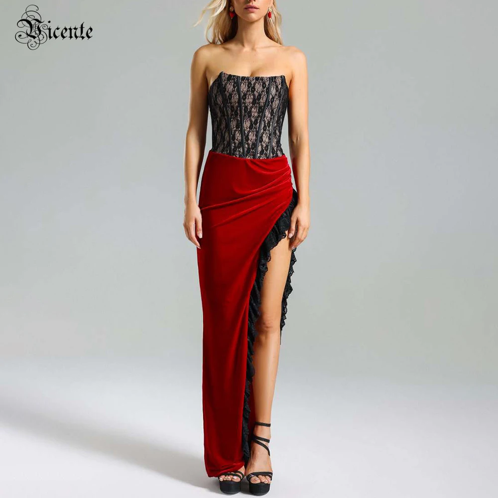 

VC Sexy Strapless Lace Patchwork Ruffles Long Dress Velvet Off Shoulder Backless High Slit Slim Dress Elegant Evening Party Gown