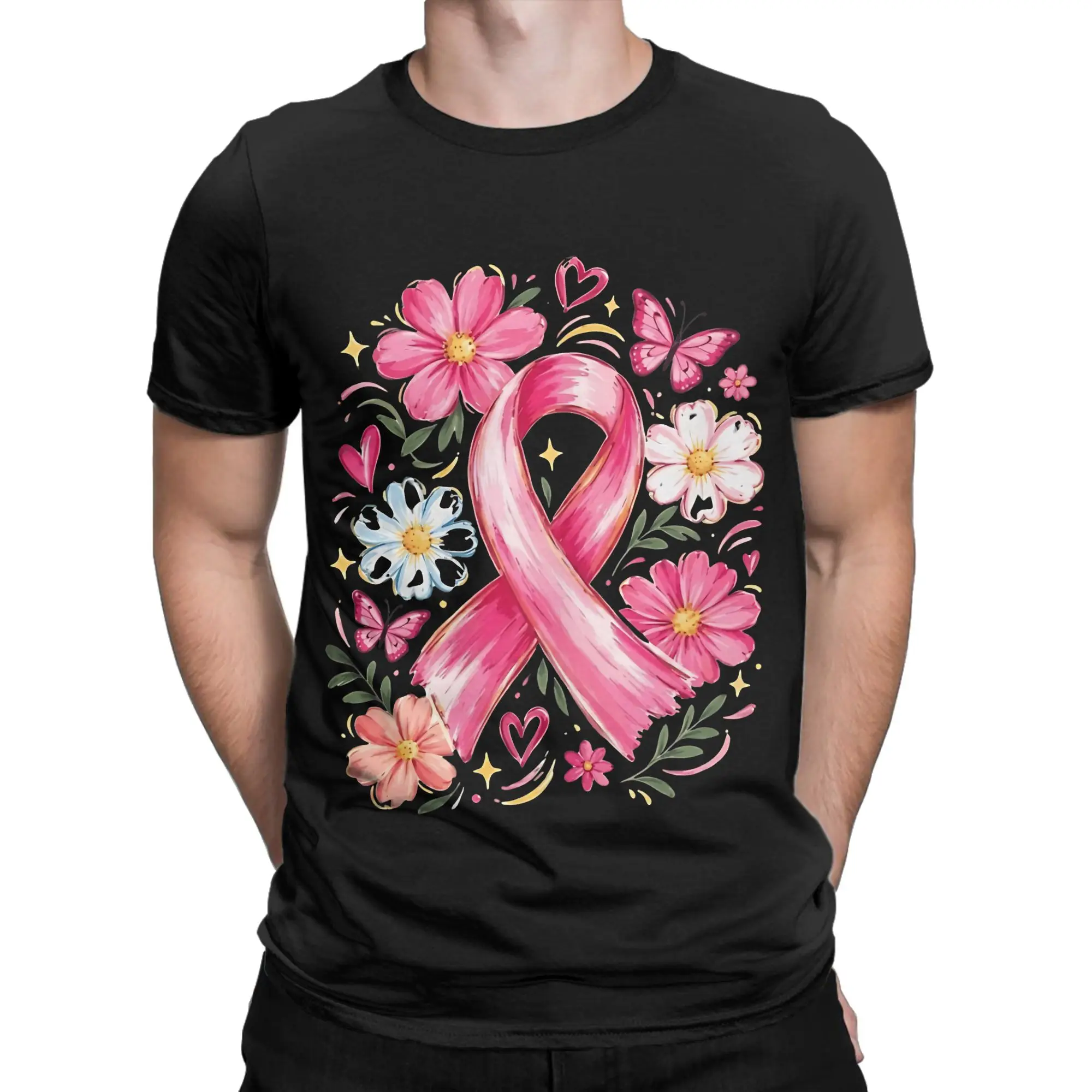 Pink Ribbon Floral Butterfly Classic Breast Cancer Awareness Graphic 100% Cotton T-Shirt Tees Tops For Men