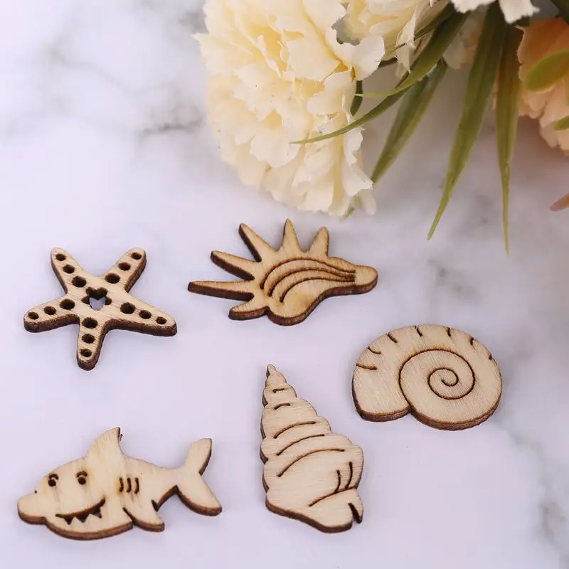 50Pcs/Bag Cut Embellishment Wooden Sea Shell Marine life Craft Wedding Decor