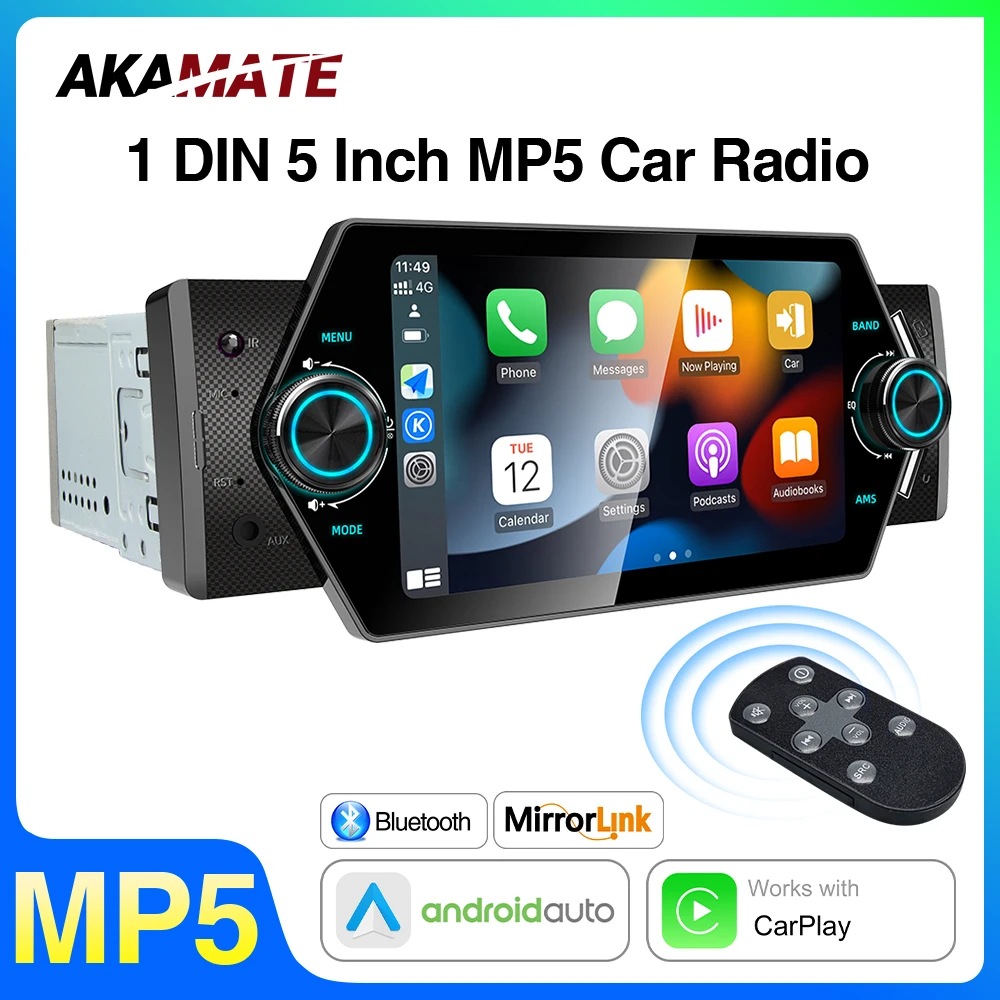 

1 Din 5 Inch MP5 Car Radio Wired CarPlay Android Auto Bluetooth Mirrorlink FM EQ IPS Stereo Universal Smart Multimedia Player