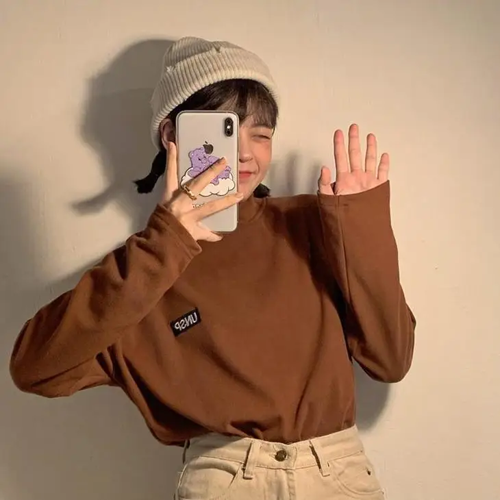Double-Sided Velvet Half-High Collar Loose Long Sleeve Thermal T-Shirt Women's Korean Style Thickened Base Layer Shirt