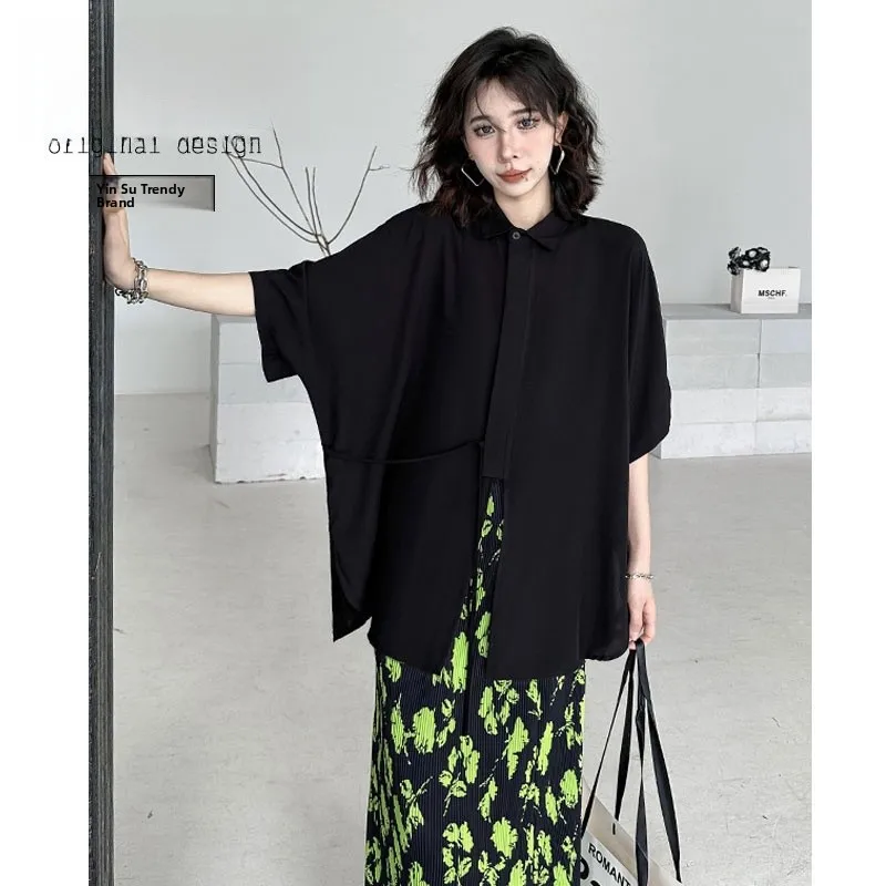 

Asymmetric Tie Waist Short Sleeve Women's Shirt Summer Thin Design Loose Batwing Top Dark Series Split Design Street Style Co...