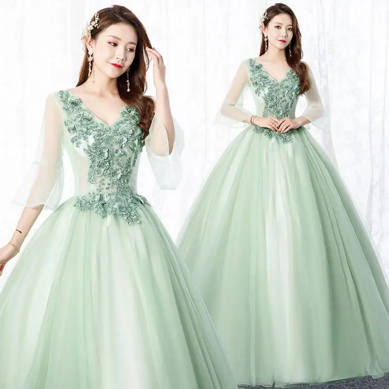 Novo três quartos mangas tule vestido de baile ilusão sexy profundo v-neck quinceanera vestidos de renda flores chão-comprimento vestidos de 15