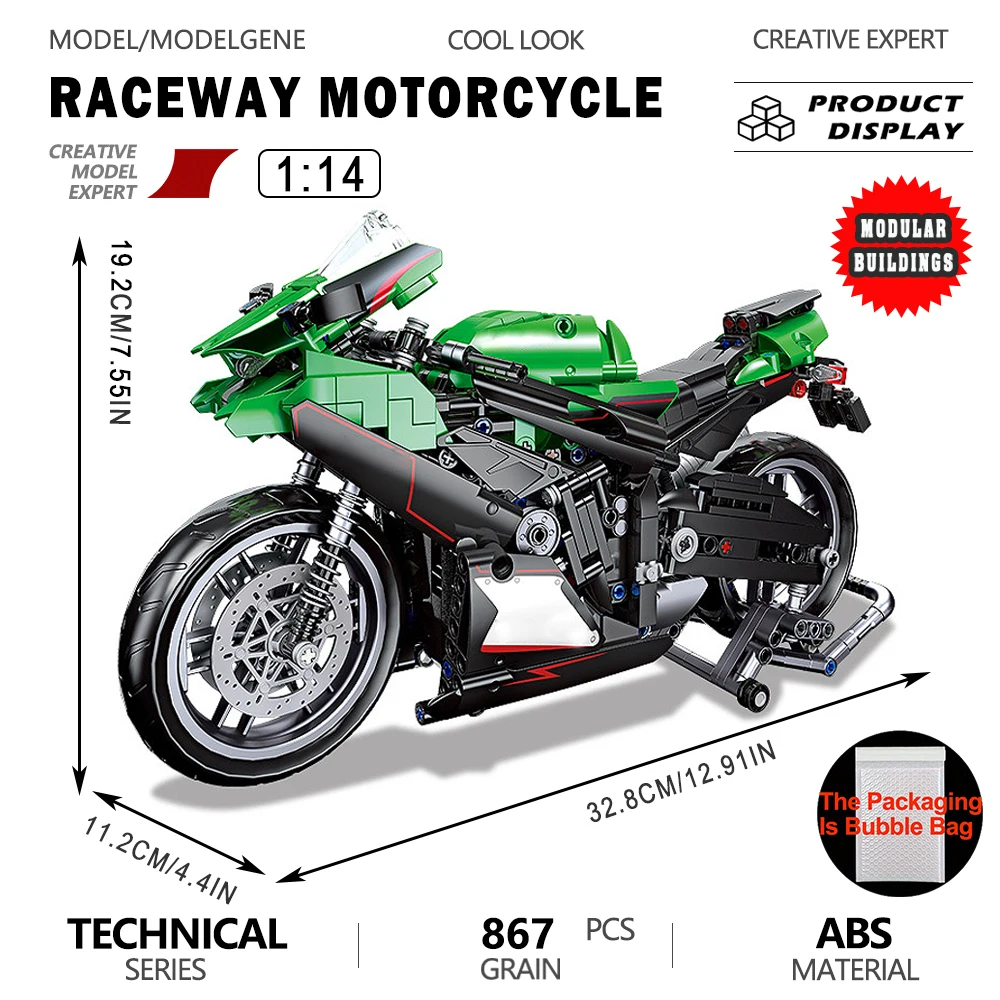 

High-Tech 1:14 Motorcycle Model Building Blocks 867PCS NINJA ZX-10R Motorbike Assembly Set Bricks Christmas Toys Gifts For Adult