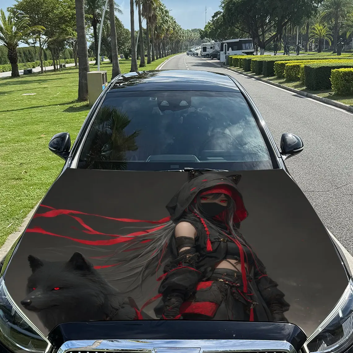

Cool Cat - eared Masked Person with Red - eyed Black Wolf Pattern car hood stickers, waterproof self-adhesive, scratch resistant