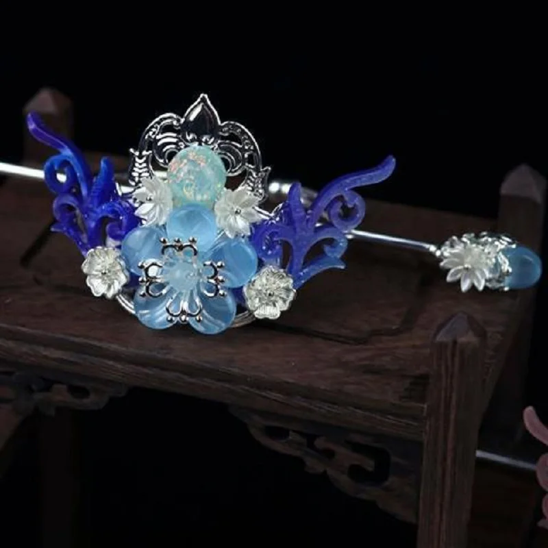 Womens Pink And Blue Flower Wings Hair Crown Chinese Hanfu Hairpin