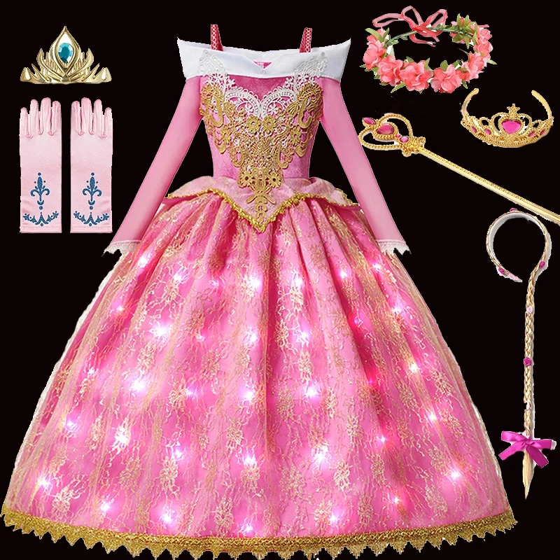 

LED Light Aurora Princess Dress Girl Sleeping Beauty Cosplay Costume Summer Floral Rose Print Sling Frocks Kids Elegant Gown