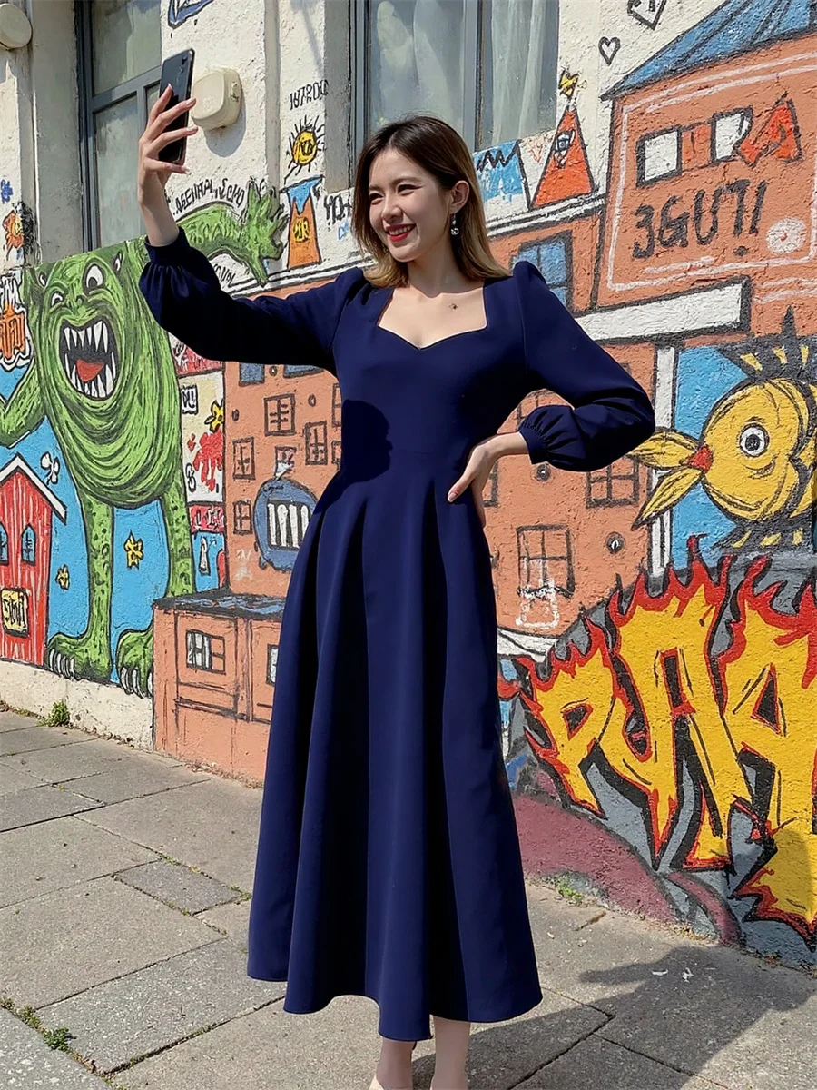 Women'S Autumn Dress Korean Style Long Sleeve Square Collar Side-Slit High-Slit Splited Splitting Cut-Out Cutout Hollow-Out