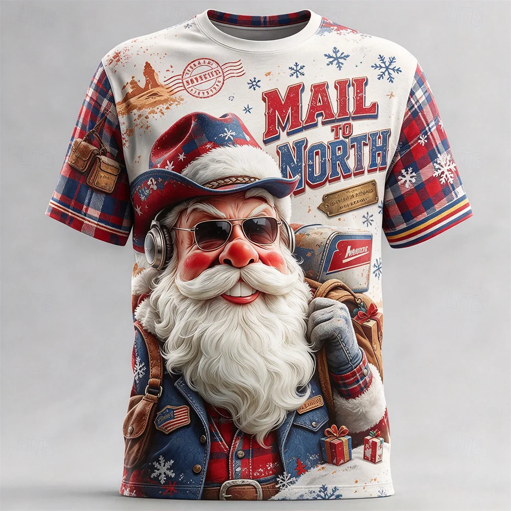 Men Xmas Short Sleeve T-shirt 3D Western Santa Pattern Tshirt Comfortable Casual Tops Christmas Party Wear Holiday Gift for Male