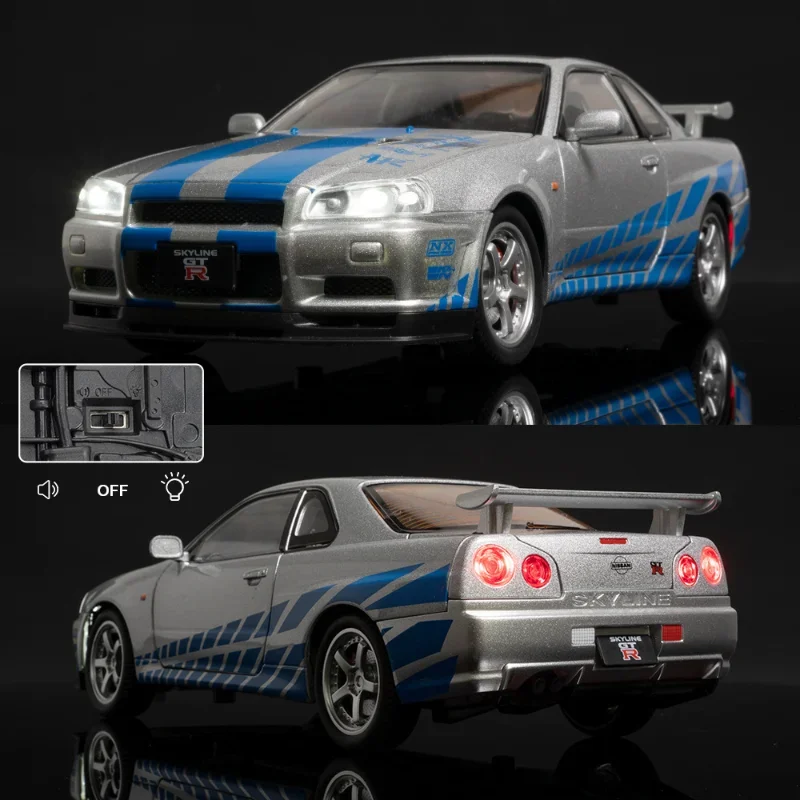 

Модель автомобиля в масштабе 1:24 Nissan Skyline GTR-R34 из сплава, литая металлическая коллекционная игрушка для детей, подарки на день рождения