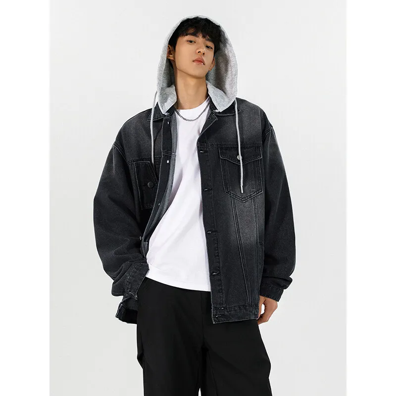 

2025 Men Autumn Winter Hooded Denim Jacket Men Streetwear Hip Hop Wash Coats Male Casual Outerwear Hong Kong Style Jean Jackets