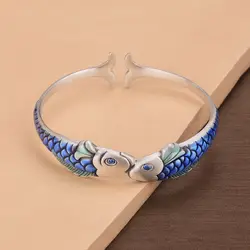 National Style Drop Craft Pisces Carp Bangle 925 Sterling Silver Fashion Personality Animal Fish Opening Bracelets  SL036