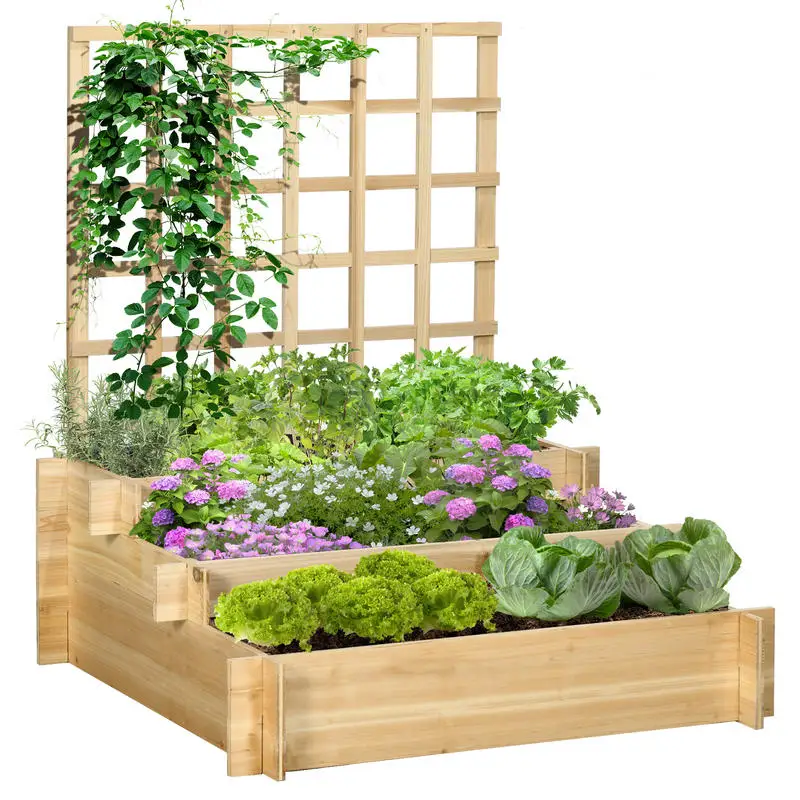 Jardinière carrée à 3 niveaux avec treillis en bois surélevé pour plantes grimpantes, légumes et fleurs naturelles