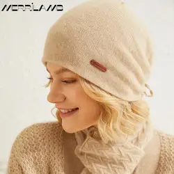 MERRILAMB Cashmere Hat Winter New 100% Cashmere Double-layer Drawstring Skullies Beanies Women Soft Keep Warm Pile Knitted Cap