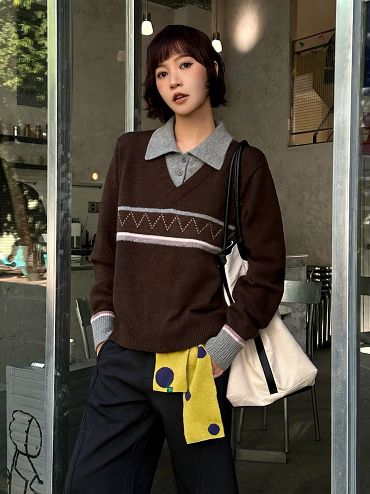 

Casual Loose Women's Knitted Sweater Collared Fake Two-Piece Sle Spring Faion Mural Color Blo Loose Top Trendy