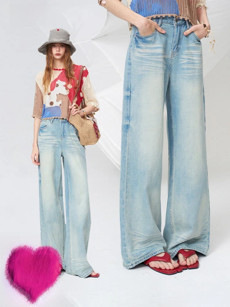 

Loose Straight Leg Jeans Women's Summer Washed Blue Casual Trousers Natural Waist Elastic Waistband Zipper Fly Denim Jeans