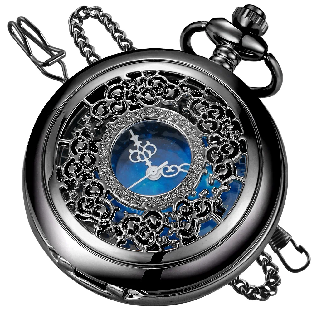 Vintage Black Starry Sky Hollow Retro Quartz Pocket Watch Pocket Watches for Women Men with Fob Chain Christmas Birthday Gifts