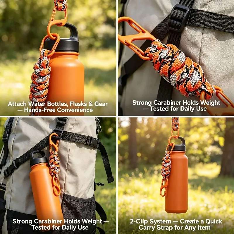 2pcs Hand Woven Paracord Short Pendant Double Ended Shaped Carabiner Multicolor Key Headphone Water Bottle Hook Portable Outdoor